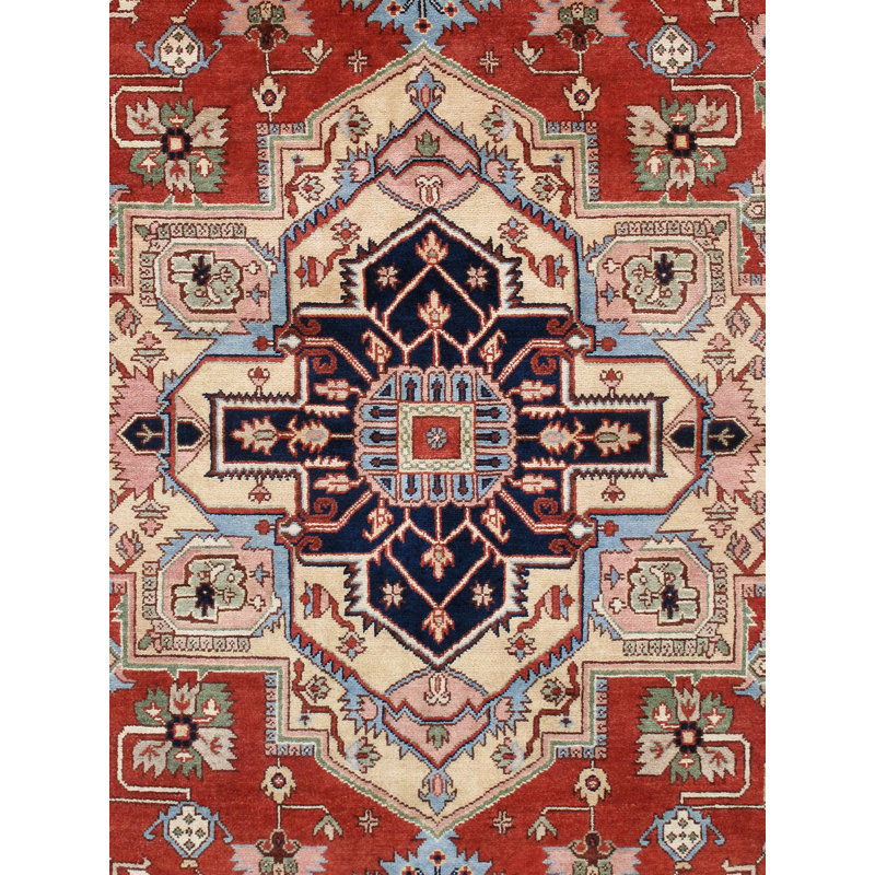Tapis oriental rouge en laine noué à la main Serapi, Carré 9 pi, Rouge / bleu marine / crème