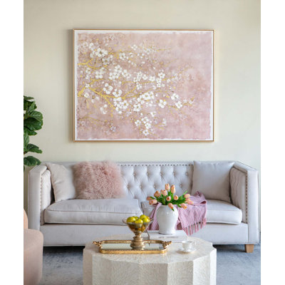 59.1X47.2" Hand-Painted Cherry Blossom Canvas Art With Blush Pink And White Finish