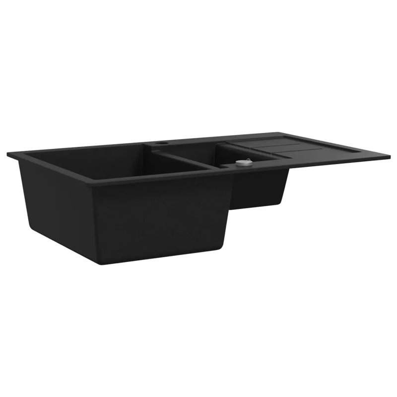 Belfry Kitchen Vada 500mm W Double Bowl Stone Kitchen Sink with 1 Faucet Hole, Black