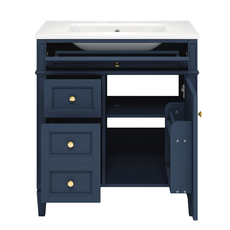 Meuble-lavabo de 30 po avec lavabo en céramique, armoire bleue moderne à 2 tiroirs et rangement pratique