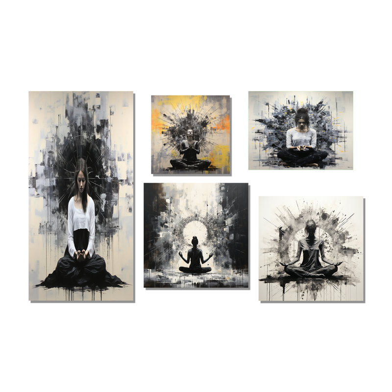 Minimalisme noir et blanc Yoga Mediation - ensemble de 5 reproductions d'art sur toile, Toile tendue