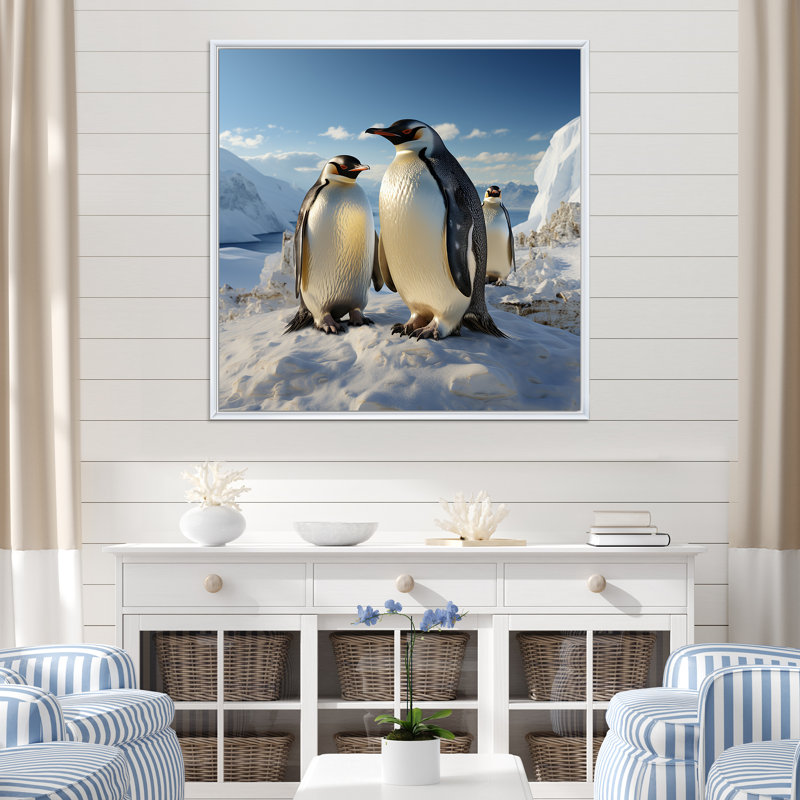 «Playful Snow Wonders Penguins I», reproduction sur toile, Cadre flottant blanc, H 36 po x l 36 po