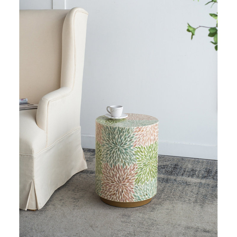 Tabouret de jardin cylindrique avec table d'appoint D14 x 18 po vert / rose