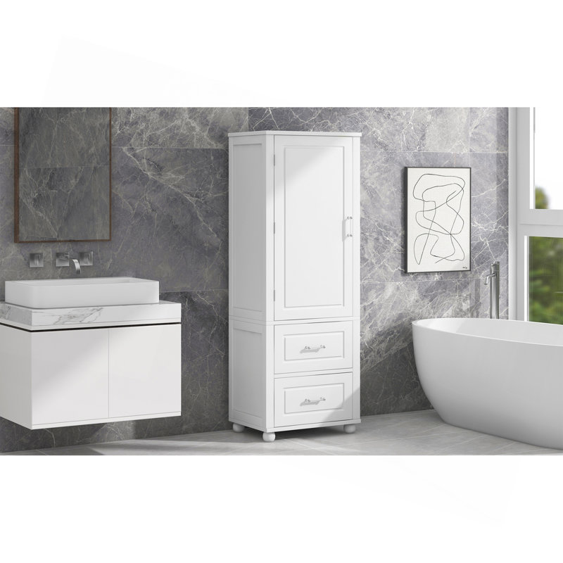 Grande armoire de rangement pour salle de bain, armoire de rangement autoportante avec deux tiroirs et tablette réglable, panneau de fibres à densité moyenne avec finition peinte, blanc