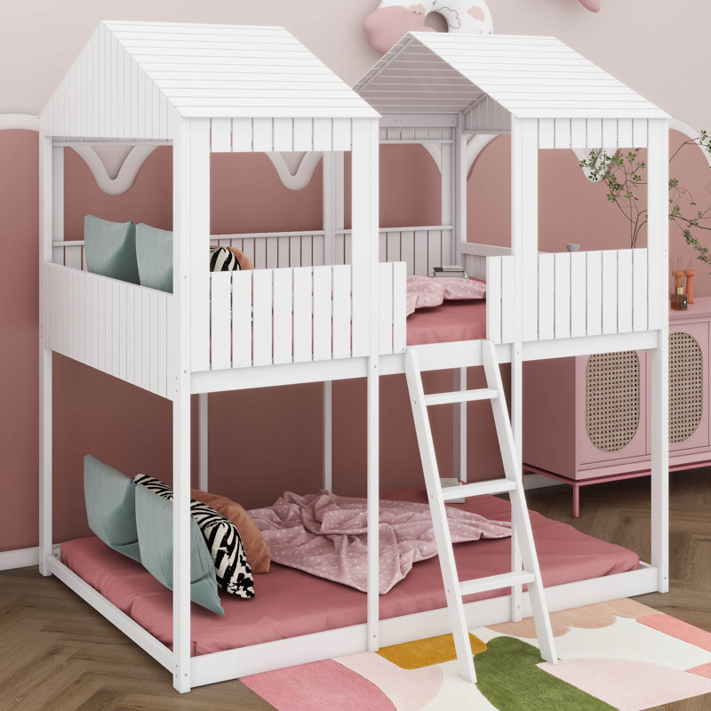Élégant lit superposé double en bois avec élément de conception de plafond intégré, Blanc