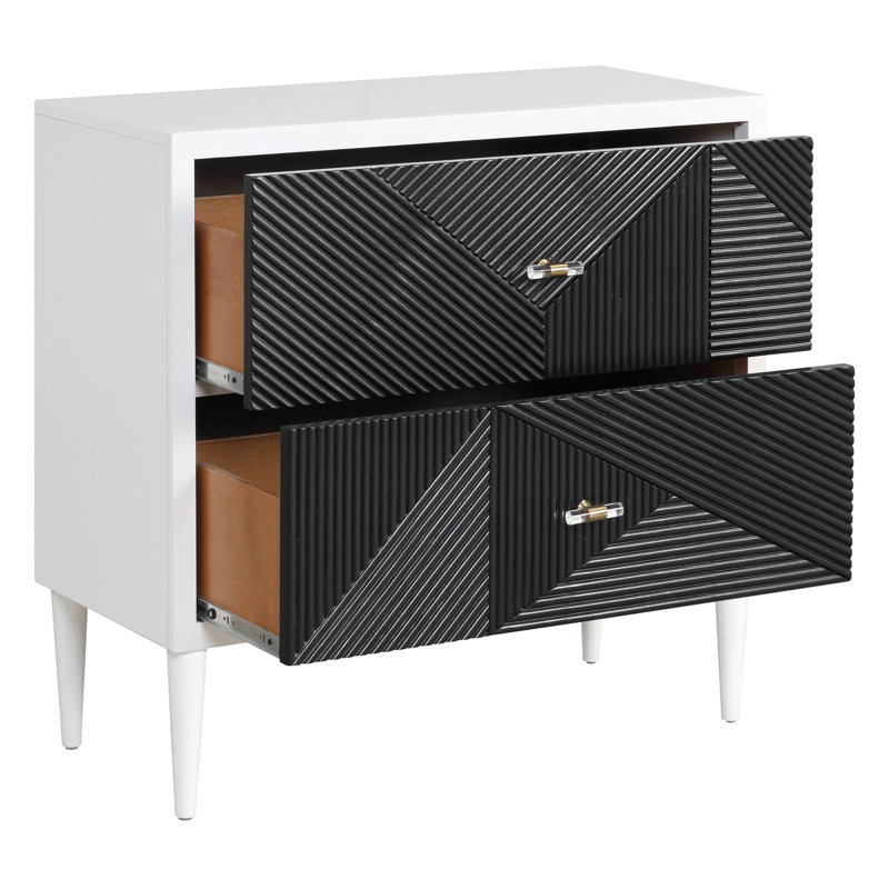 Table de chevet blanche et noire à 2 tiroirs - Le motif de chambre à coucher 2 ajoute une touche d'élégance à l'avant