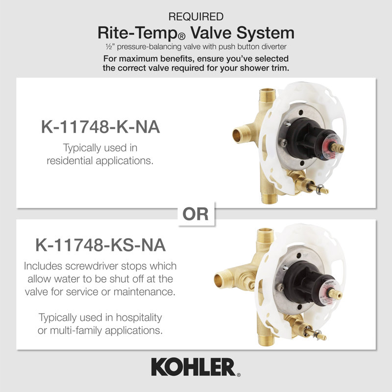 Pitch Rite-Temp Valve Trim With Push-Button Diverter, Brushed Brass