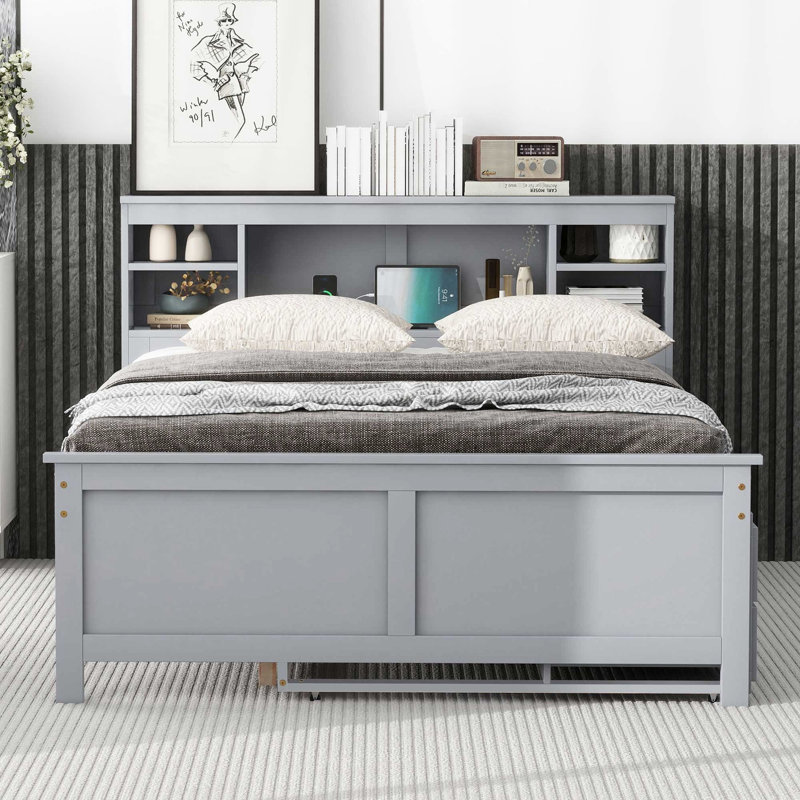 Lit plateforme gris avec rangement pour tête de lit, 3 tiroirs, lit gigogne simple et tête de lit et tiroirs pour un sommeil confortable