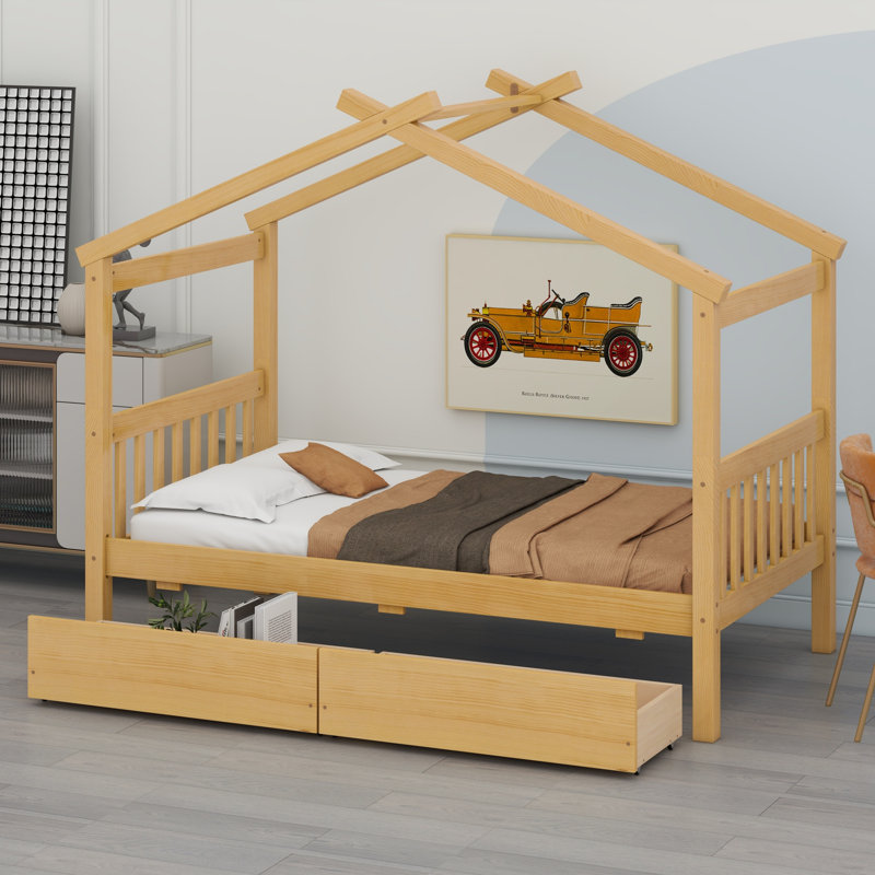 Wooden House Bed with Drawers, Natural