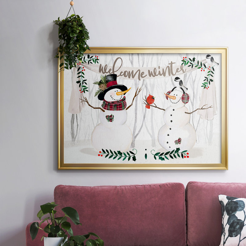 Folk Snowman Forest Collection A, reproduction d'art sur toile, H 26 po x l 38 po x P 1,5 po, Or