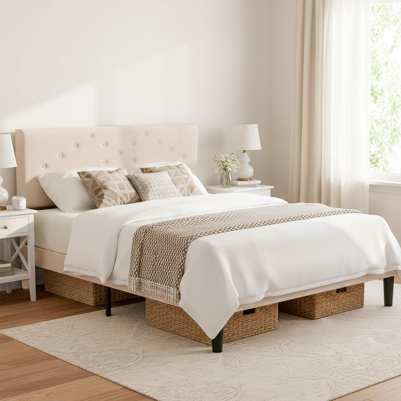 Velvet Bed Frame with Upholstered Headboard, Platform Bedframe with Wooden Slats Support, No Box Spring Needed, Queen