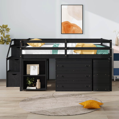 Full Size Low Loft Bed With Retractable Writing Desk And 3 Drawers, Wooden Loft Bed Frame With Storage Stairs And Shelves by Latitude Run
