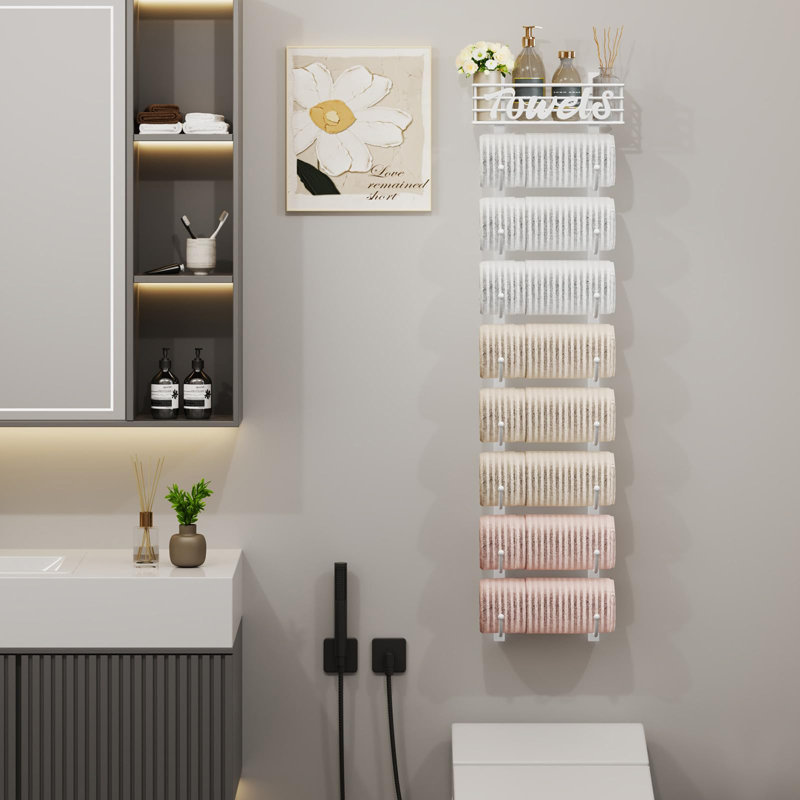 Porte-serviettes suspendu pour salle de bain, porte-organisateur de rangement à serviettes sur roulettes à 9 niveaux pour la salle de bain et mural, blanc
