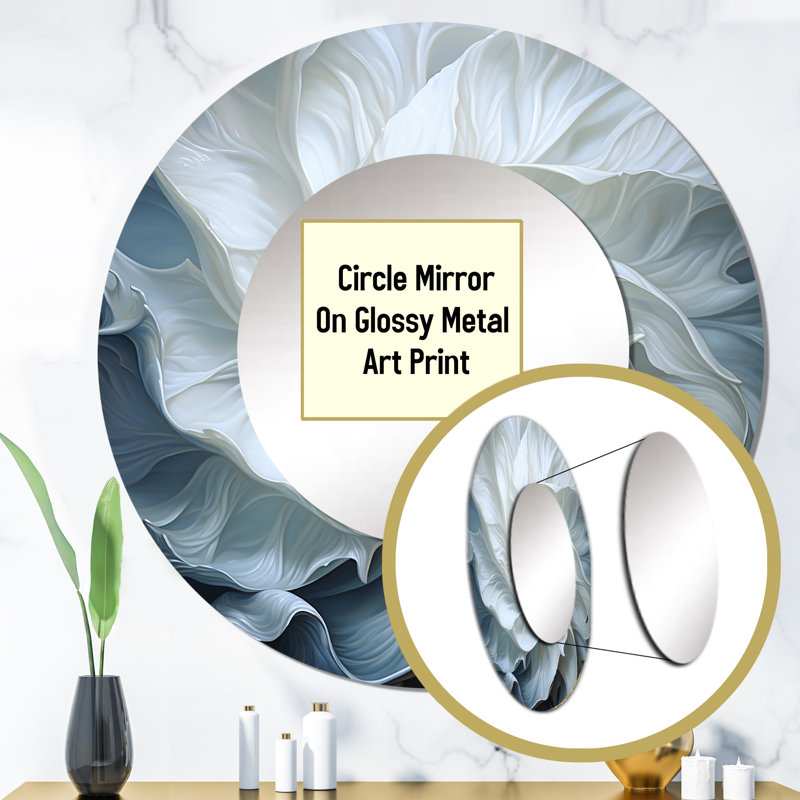 Seashell Monochromatic Whispers I - Seashell Mirror, Modern Round Unique Wall Mirror, Printed Metal Art, 23" x 23"