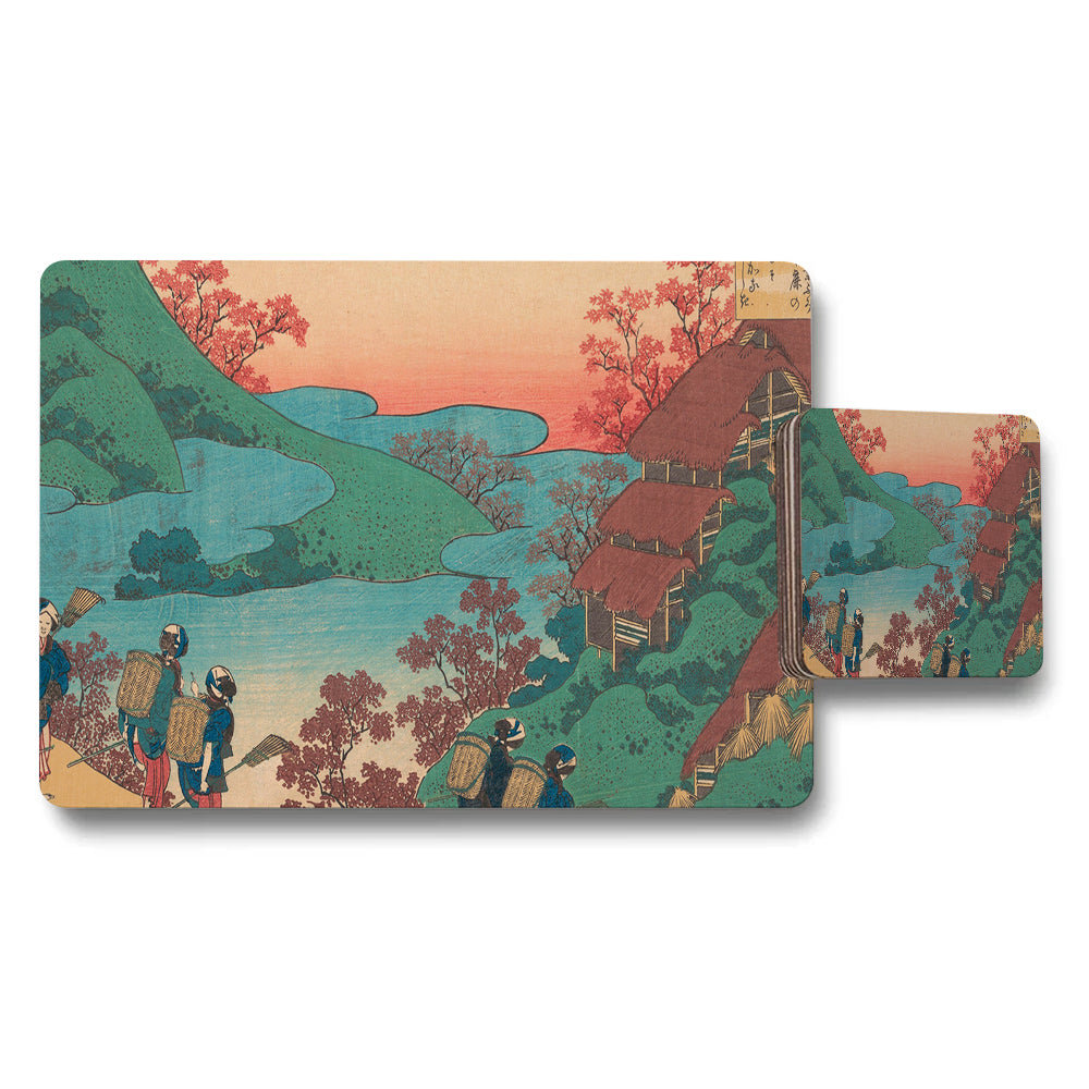 Japanese Ukiyoe Landscape Placemat And Coaster Set For Dining Table