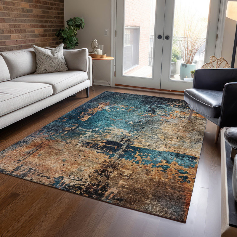 Teal and Beige Abstract Washable Indoor/Outdoor Rug