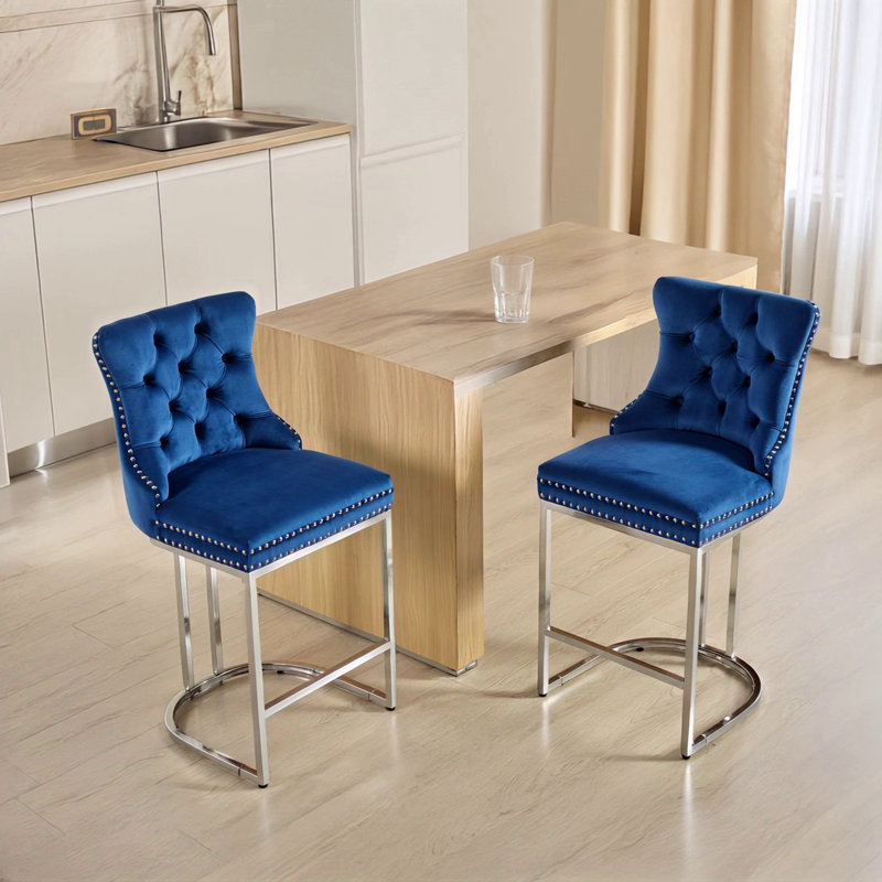 25" Counter Height Bar Stools Set Of 2, Blue Velvet
