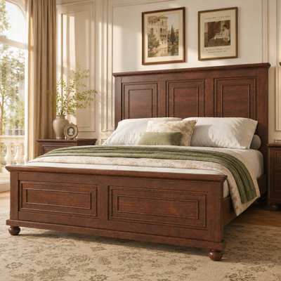 Traditional Panel Bed with USB Port, Pine Wood Platform Bed with Tall Headboard and Footboard, Under Bed Storage, No Box Spring Needed, Rich Brown