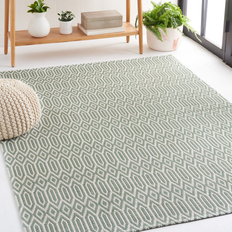 Martha Stewart 405 Cotton Geometric Rug in Green/Ivory, Rectangle 5' x 7'