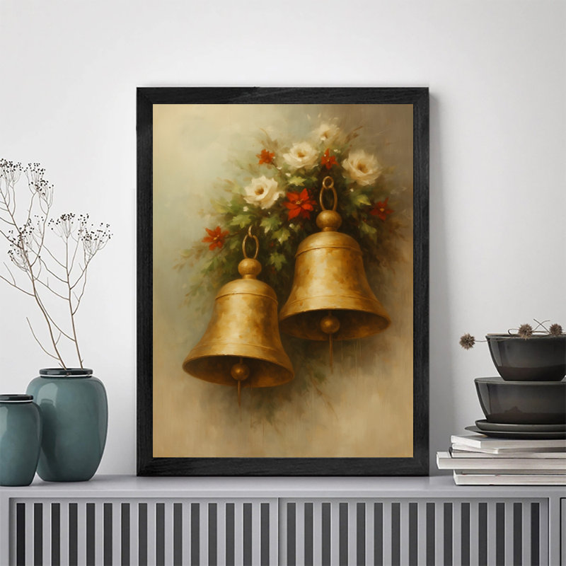 Art mural encadré noir avec clochettes et fleurs en cuivre rétro, H 11 po x l 9 po