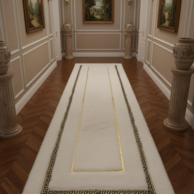 White And Gold Runner Rug, Luxury Plush Hallway Rug, Modern Geometric Rug