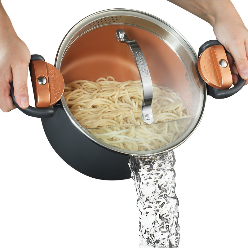12-Inch Black and Copper Aluminum Pasta Pot with Strainer Lid