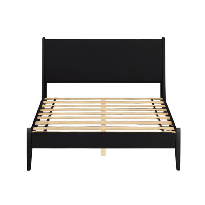 Grand lit plateforme en bois noir de style Mid-Century moderne avec un design, des pieds fuselés ronds et un ensemble de lattes, pas de sommier tapissier nécessaire, un nécessaire pour la chambre à coucher