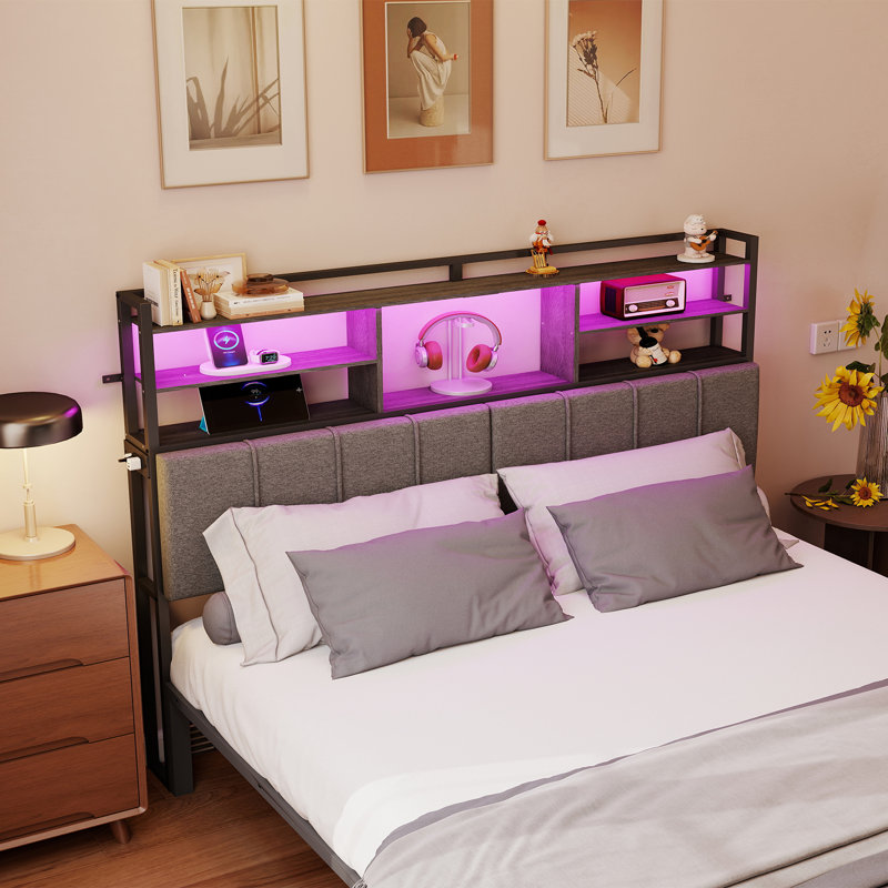 Tête de lit tapissier pour lit double avec tablettes à 3 niveaux, lumières DEL et station de charge, tête de lit réglable en hauteur avec dossier souple, gris