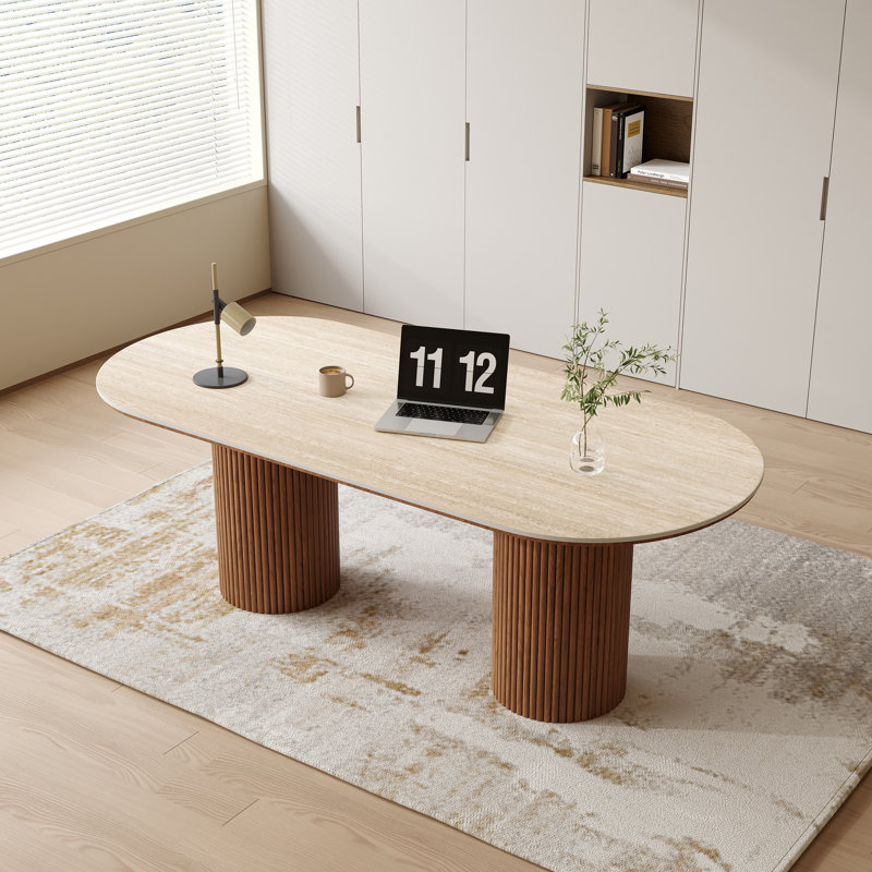Bureau 71 po, table ovale moderne, blanc brillant, avec deux pieds en bois massif, H 29,53 po x l 70,87 po x P 35,43 po