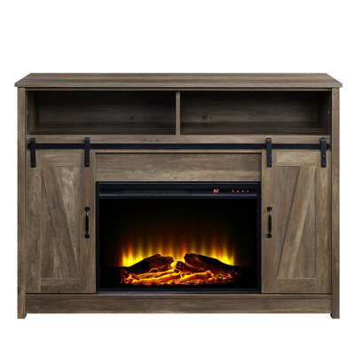 Rectangular Tv Stand Featuring Rustic Oak Finish Fireplace, 2 Door Storages And Open Compartments, Sliding Barn Door, Kd, 15Mm Thick Top, Plastic+Glass Particle Board, , Metal, Veneer Paper , 4777 ,