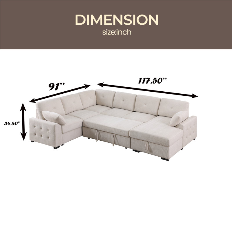 Canapé d'angle multi-fonctionnel en forme de L avec rangement et lit convertible, Tissu beige
