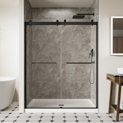 56-60" W X 74"H Glass Shower Door, Frameless Double Sliding Shower Door with Magnet, 5/16" (8mm) SGCC Clear Tempered Glass, Explosion-Proof Film Nano Coating, Matte Black