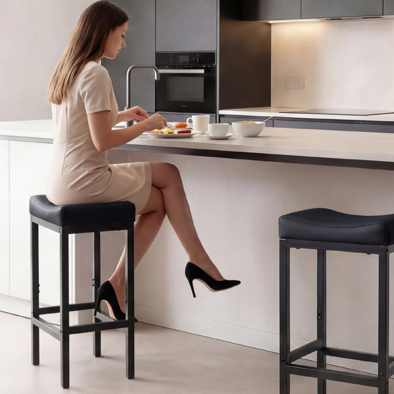 Counter Height Bar Stools Set of 2, 30 Inch Bar Stools for Kitchen Counter, Faux Leather Bar Stool, Black, 30.25, Black