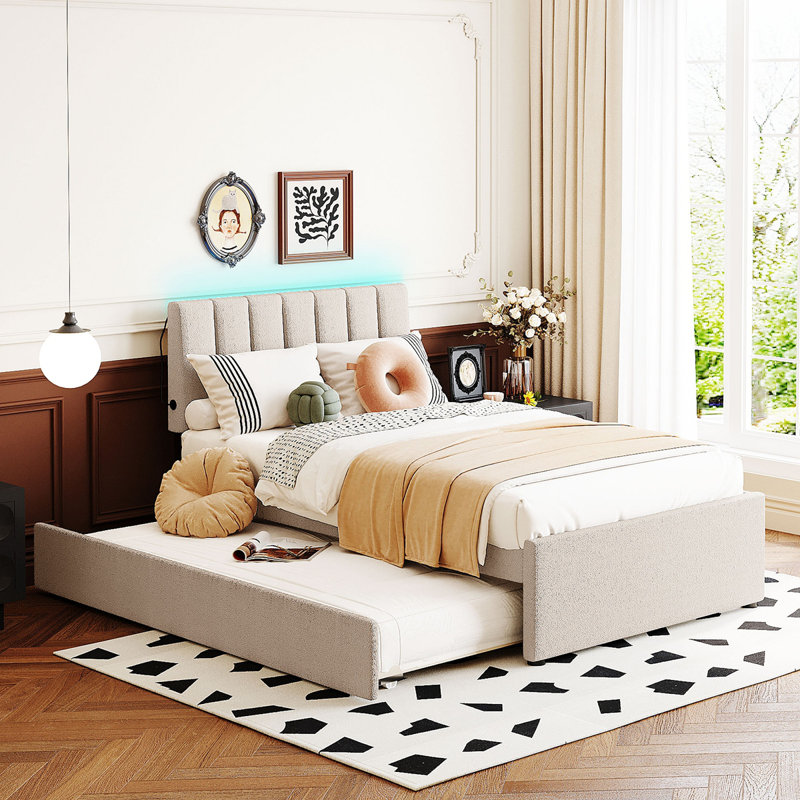 Lit plateforme tapissier Teddy, Beige, Lit simple