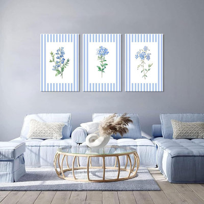 Rustic Blue And White Striped Canvas Floral Wall Art Prints Set Of 3, Retro Cottagecore Botanical Flower Posters Pictures Wall Decor, For Bedroom Bathroom Living Room Home Decor 24X16in Framed