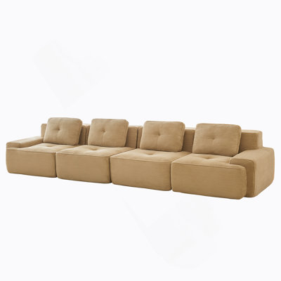 153 Inch Modern Modular Sectional Sofa With Corduroy Fabric, Deep Seating, Pearl-Like Piping, Tufted Design, And Anti-Slip Base In Camel