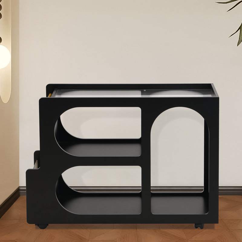 Nightstand, Mobile End Table With Lockable Wheels, Small Coffee Table With Fluted Tempered Glass, Black