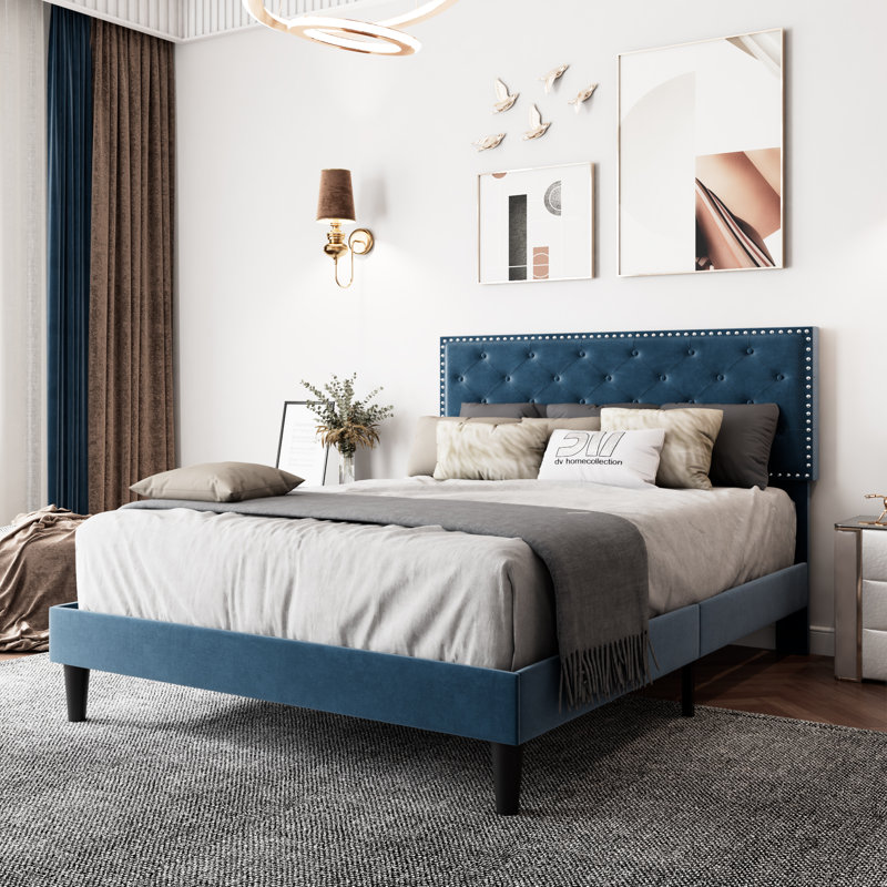 Aleiny Velvet Bed with Adjustable Upholstered Headboard, Full, Blue