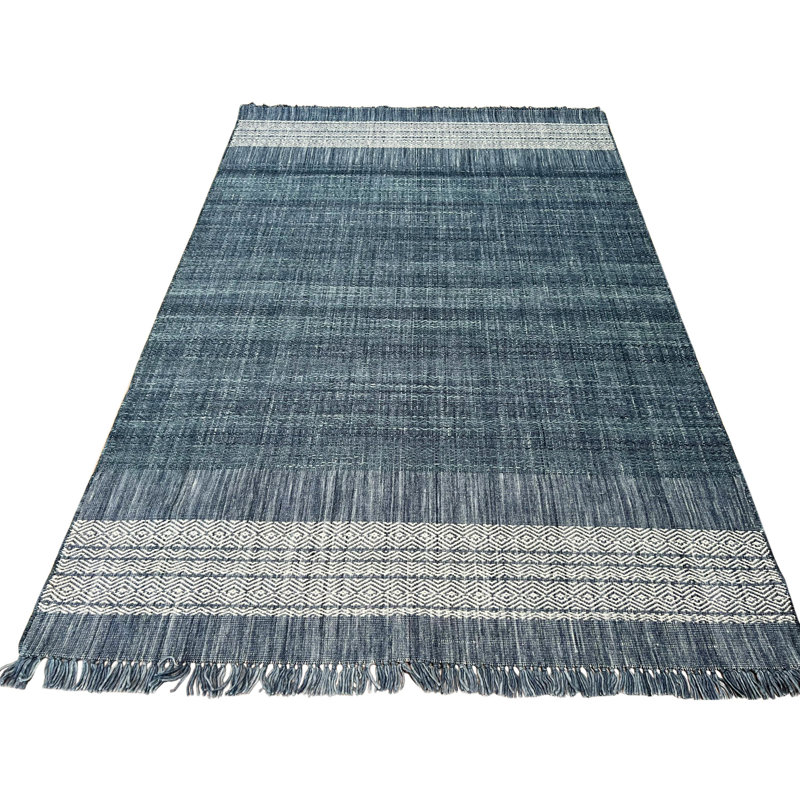 Tapis contemporain bleu en laine tissé à plat à la main Contemporary