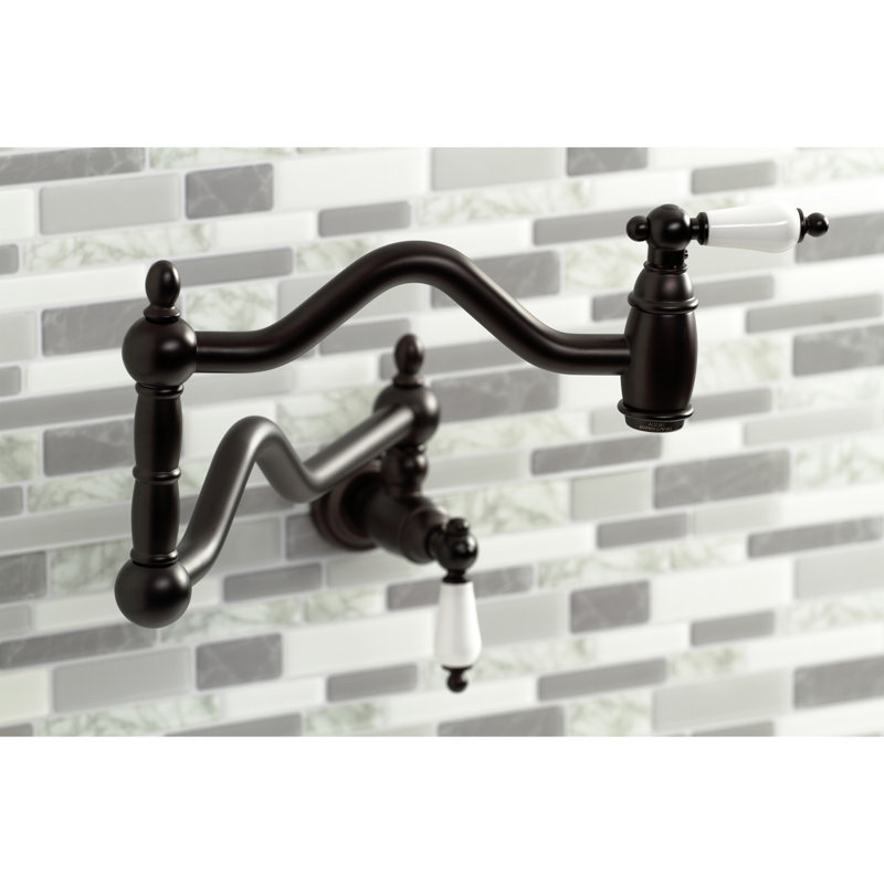 Kingston Brass Heritage Two-Handle 1-Hole Wall Mount Pot Filler Faucet, Oil Rubbed Bronze, Knob/Cross 