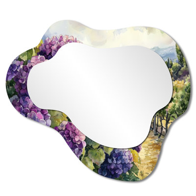 Hydrangées dans le vignoble - miroir décoratif asymétrique hydrangées, miroir mural traditionnel irrégulier, imprimé sur métal