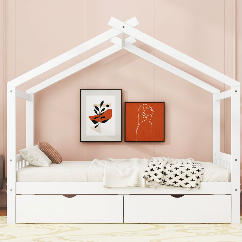 Lit plateforme en bois de pin robuste avec deux tiroirs, tête de lit, pied de lit et toit unique pour les chambres modernes