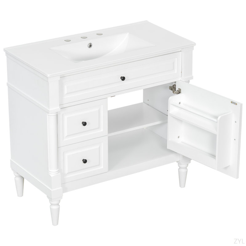 Bathroom Vanity With Sink, Freestanding Bathroom Cabinet With Flip Drawer & Adjustable Shelf, Solid Rubberwood Frame, MDF Panels & Metal Handles