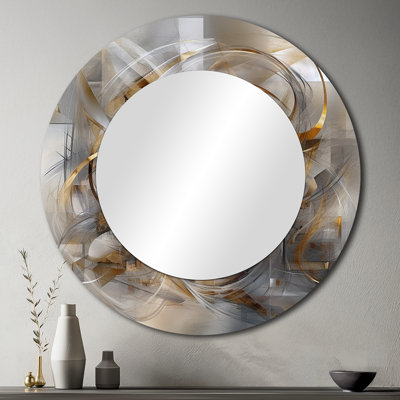 Gulshen Grey Gold Captivating Liquid Ink - Marble Unique Wall Mirror Decor, Modern Large Round Mirror, Printed Metal Art