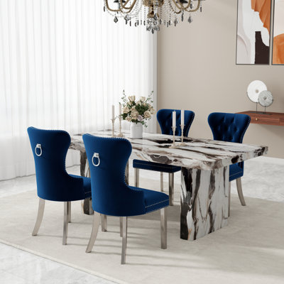 Cavira 5-Piece Modern Dining Set, Faux Marble Dining Table With Four Chairs, Blue