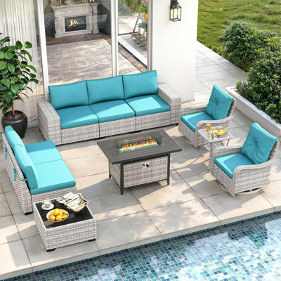 Ensemble de conversation de patio 10 pièces avec table de foyer et chaises pivotantes - bleu