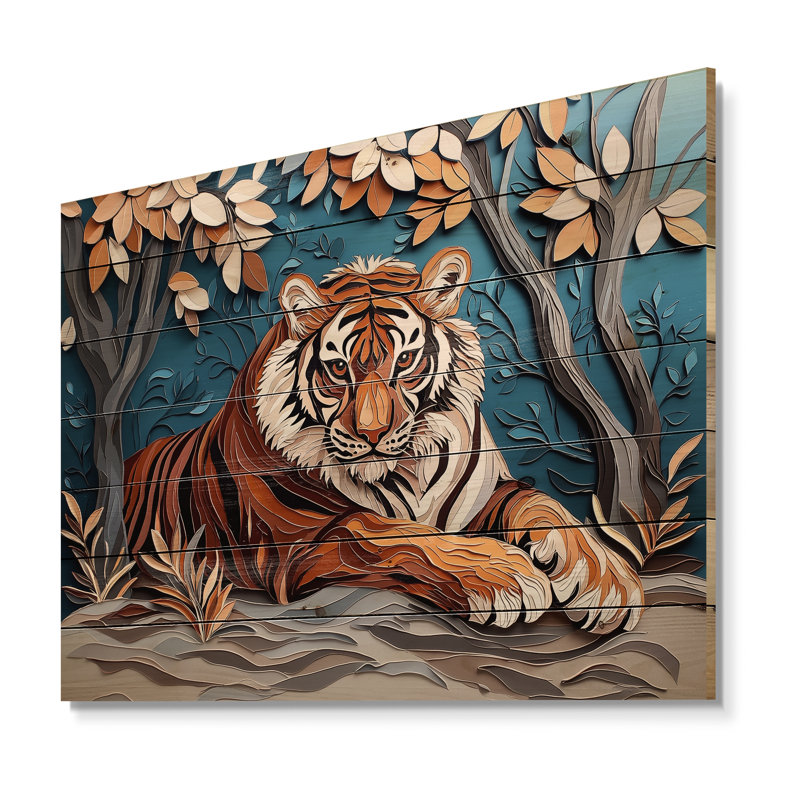 «Tigers Majestic Regal Pose», art mural en bois sur un bois de pin naturel, H 24 po x l 32 po