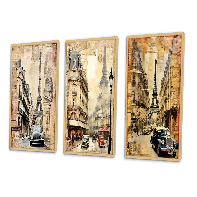 «Paris Nostalgia Vintage Collage III», 3 pièces, Cadre naturel flottant, H 28 po x l 36 po