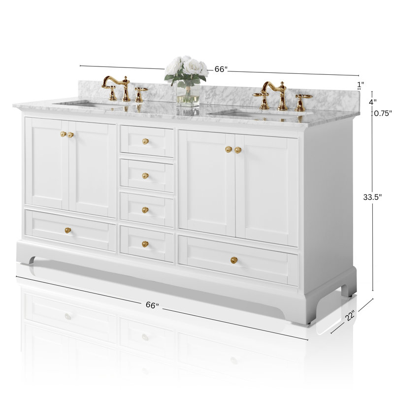 Audrey 66'' W Double Vanity, White | Brushed Gold, Carrara White