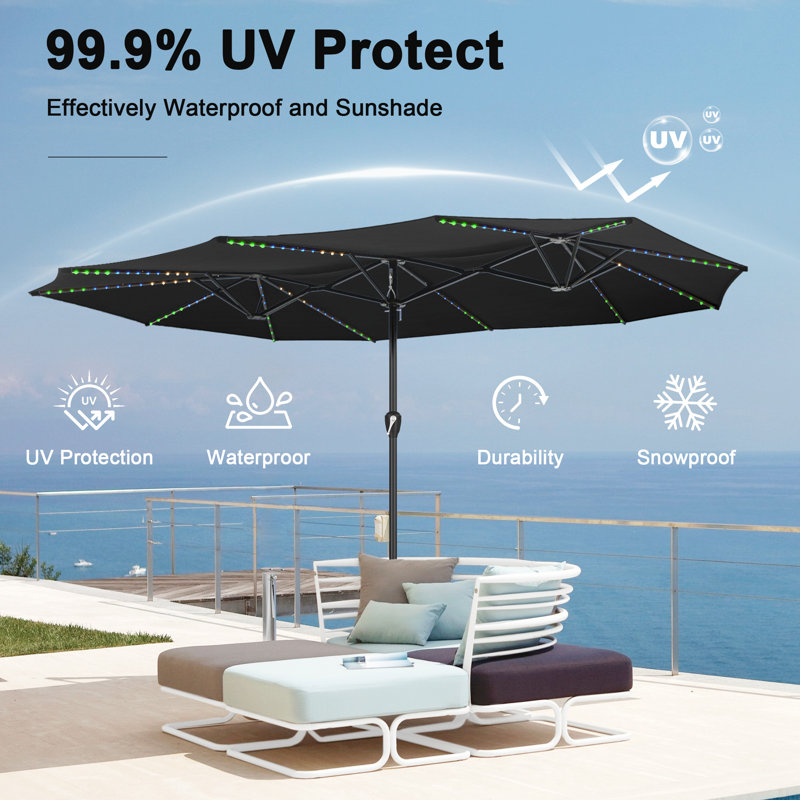 Parasol de terrasse à double face 15 pi avec lumières solaires et télécommande à 12 lumières DEL avec poignées à bouton, Noir